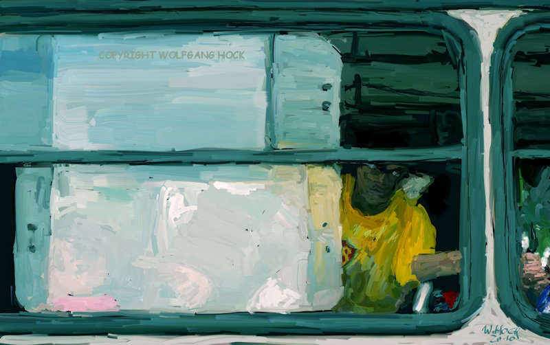 Bus with man looking 2010   Inkjet printed computer painting on canvas, edition of 5 120 x 75 cm (36 megapixel)
