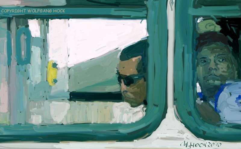Bus with man wearing sunglasses 2010   Inkjet printed computer painting on canvas, edition of 5 130 x 80 cm (36 megapixel)