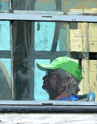 Mann im Bus II - Man on the bus II - Homem no ônibus II 2024   Handmade digital painting and collage on canvas 125 x 160 cm (209 megapixels)