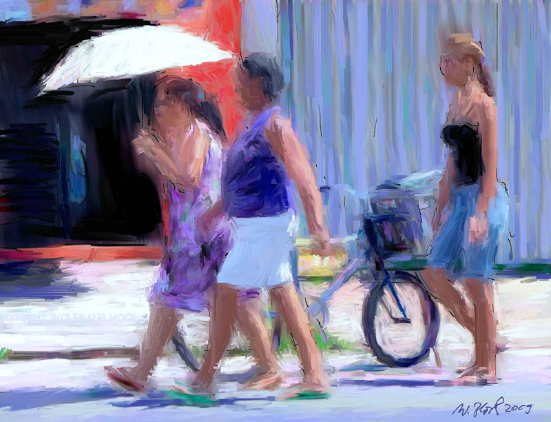 Three women walking quickly 2009   Inkjet printed computer painting on paper, edition of 5 50 x 38 cm (3 megapixel)