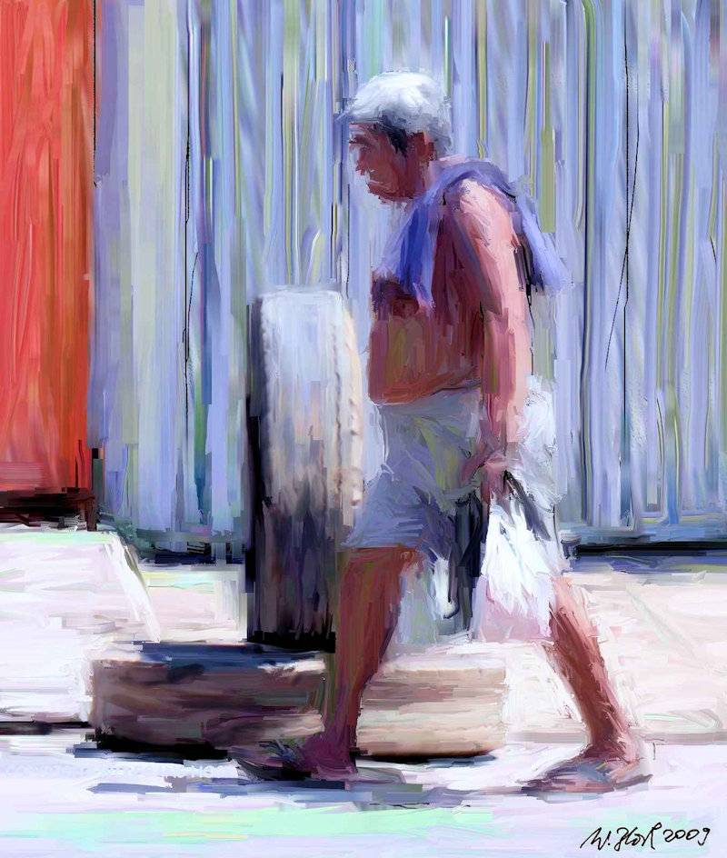 Man walking quickly in front of tires 2009   Inkjet printed computer painting on paper, edition of 5 34 x 40 cm (2,5 megapixel)
