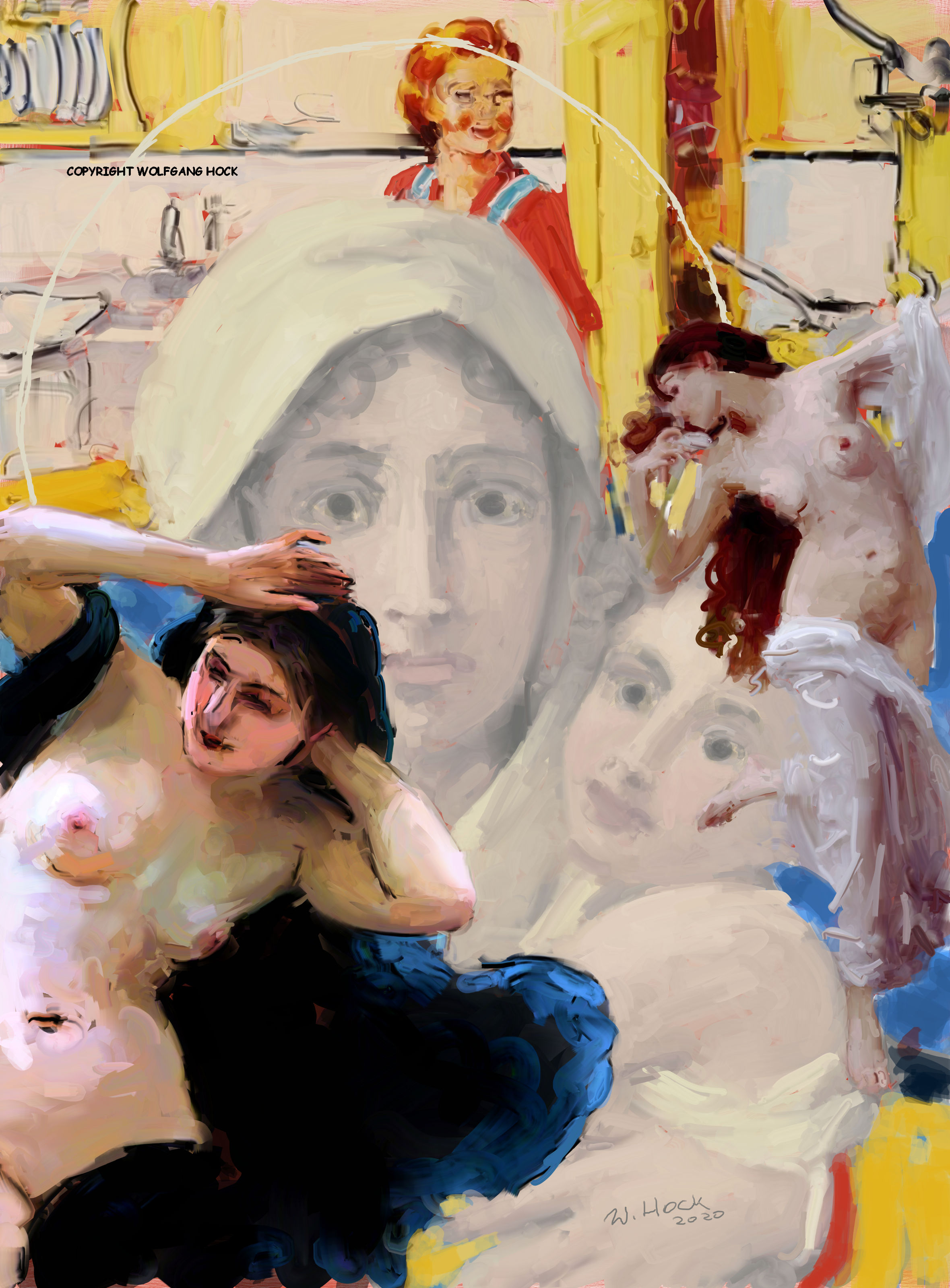 Madonna mit Hausfrau und Engeln - Madonna with housewife and angels - Madona com dona de casa e anjos 2020   Handmade digital painting and collage on canvas 110 x 150 cm (198 megapixels)