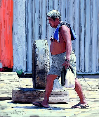 Mann vor zwei Reifen vorbeigehend - Man passing in front of two tires - Homem passando na frente de dois pneus 2024   Handmade digital painting on canvas 115 x 135 cm (227 megapixels)