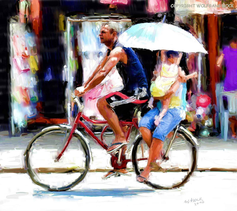 Family on bike with sunshade 2010   Inkjet printed computer painting on canvas, edition of 5 100 x 90 cm (45 megapixel)